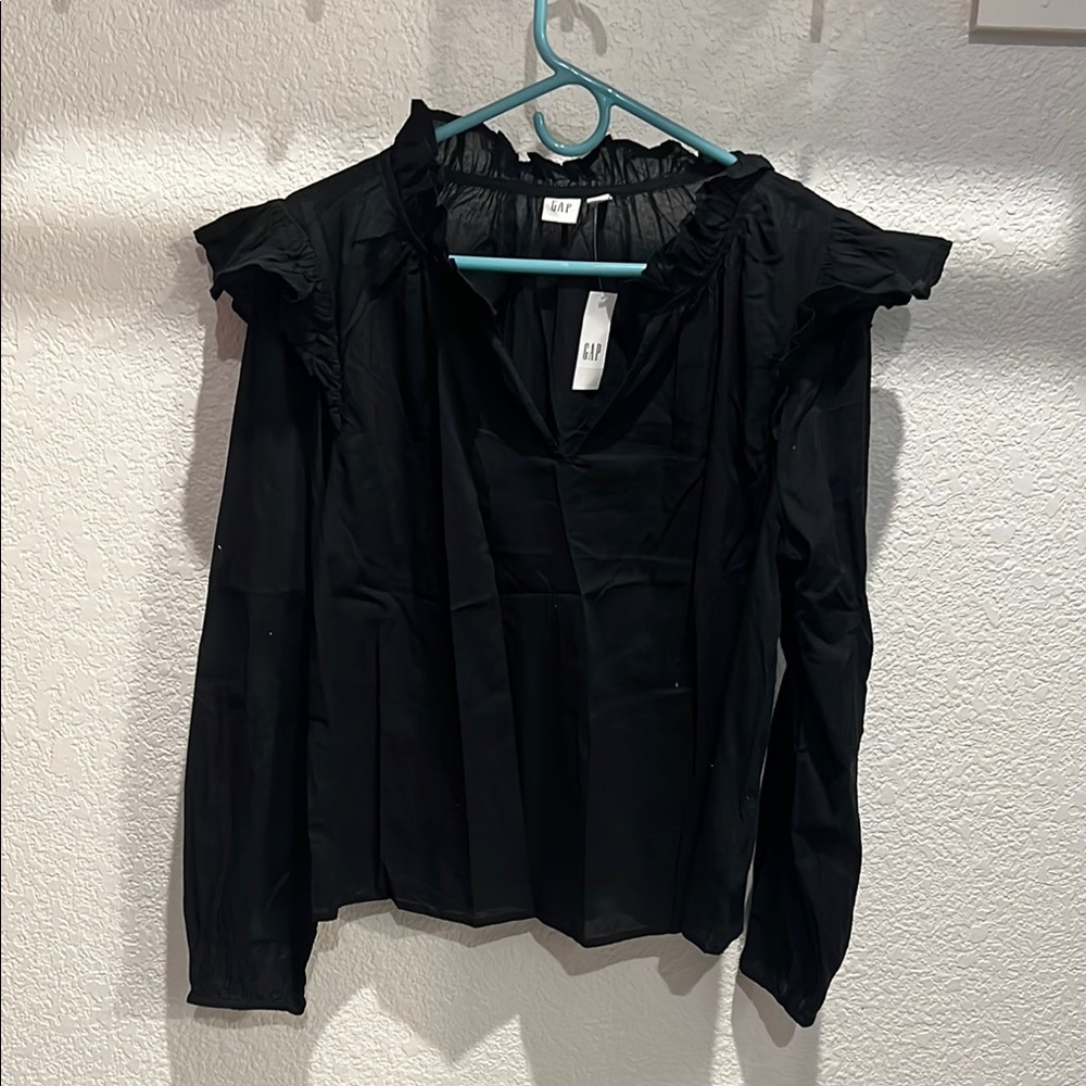 GAP Black Ruffled Long Sleeve Blouse with Mandarin Collar